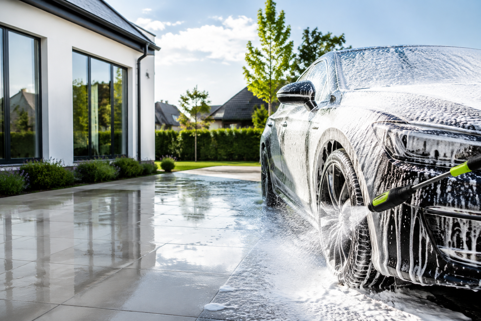 Mobile snow foam car cleaning