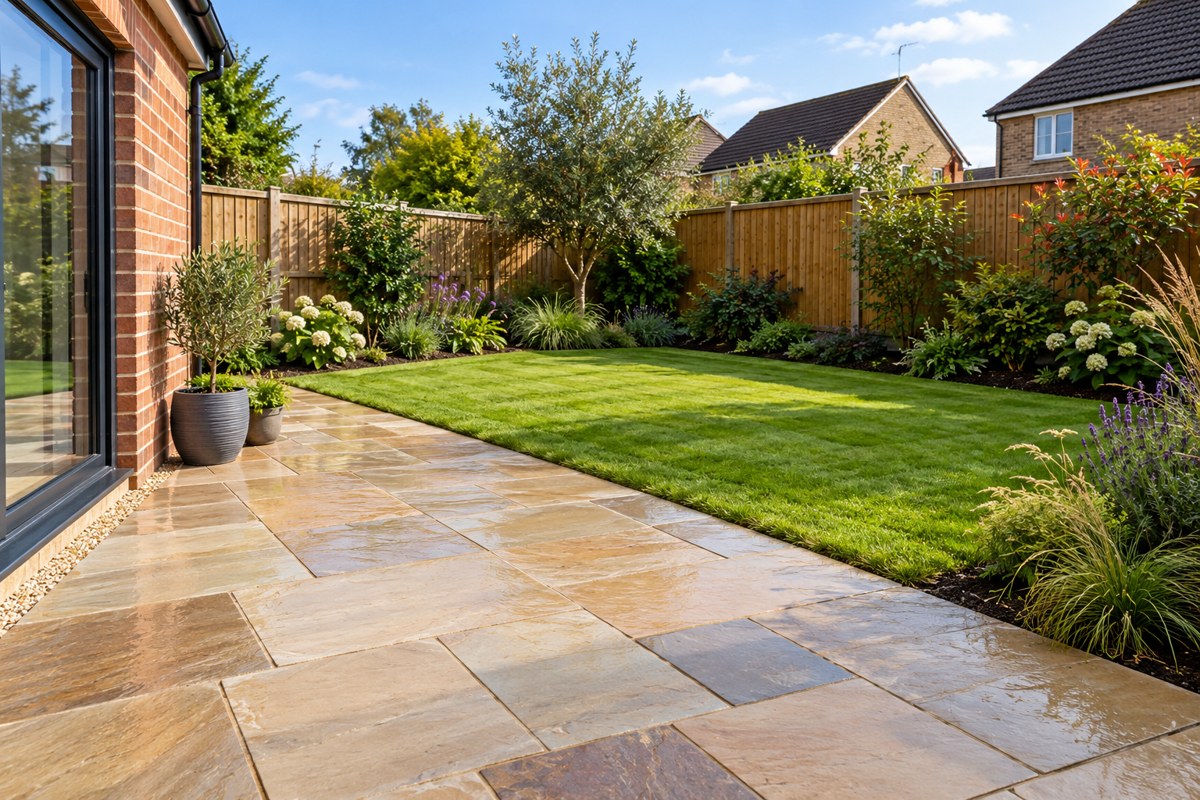 Landscaped garden with paving and lawn
